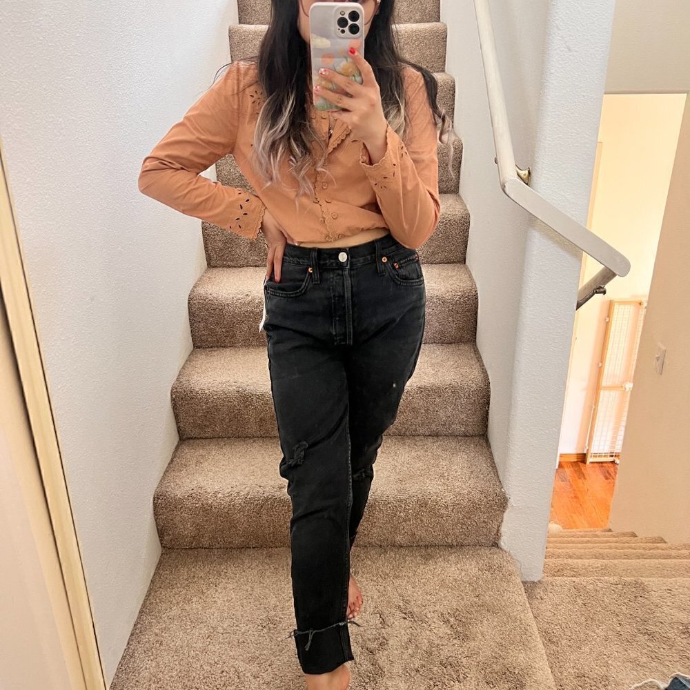 NWT RE/DONE High Rise Buttonfly‎ Ankle Crop Denim Jeans In Worn Black Destroyed